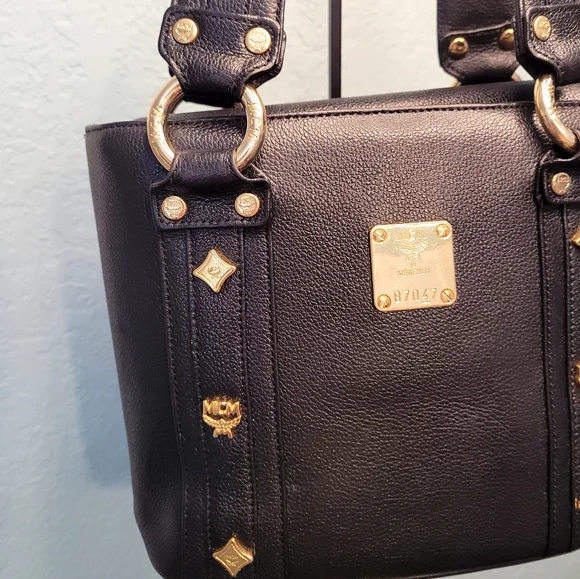 Authentic MCM Mini Leather Handbag with gold studs, vintage